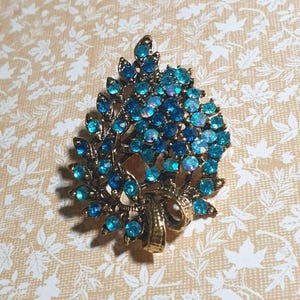 Vintage Gold Tone Leaf Brooch Blue Rhinestones Floral Design Retro Mom Gift