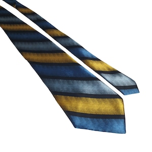 Wembley Striped Tie For Blue Black Grey Suit 3 Inches Wide Silk Blend With Yellow Blue And Black Stripes