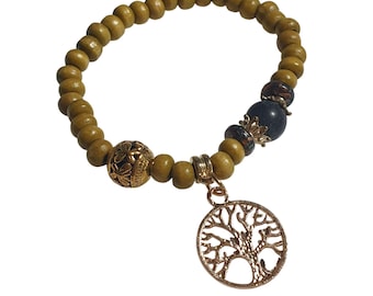 Perlen Baum des Lebens Bettelarmband Gold Akzente Boho Strand Kern Elastisch Stretch