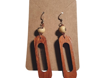 Wood Bead Dangle Hook Earrings Brown Cream Lightweight Handmade Boho Style Gift