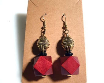 Large Geometric Red Gold Tone Dangle Earring Boho Drop Style Hook Closure 2.5 In