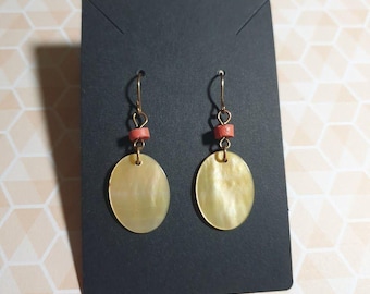 Mother Of Pearl Oval Drop Earrings Orange Bead Accent Lightweight Hook Back Gift