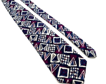 Cravate De Créateur Martin Wong - 100% Soie - Motif Géométrique Gris, Noir, Rouge, Blanc - 3.75" X 58"
