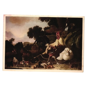 May include: A vintage print depicting a farm scene with a rooster, hens, and chicks. The rooster has red and white feathers, while the hens are black. The chicks are small and brown. The background features trees and a cloudy sky.