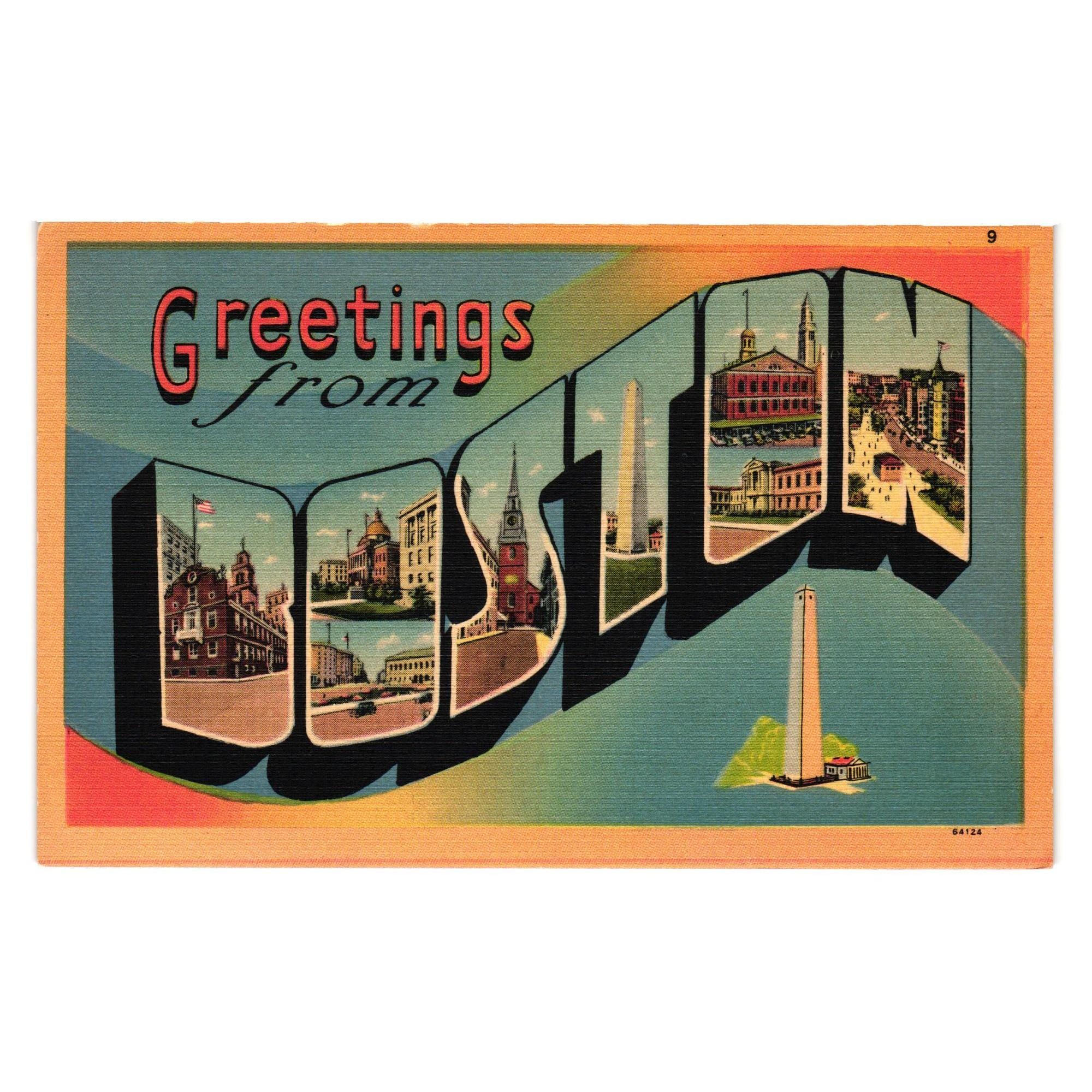 Vintage Greetings From Boston Postcard Large Letter Linen Tourist