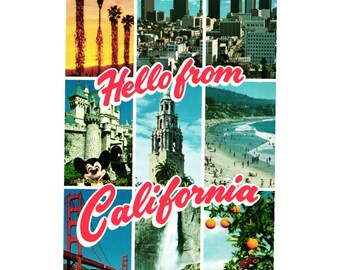 Vintage Hallo aus Kalifornien Postkarte Küstenlandschaft Ozeanbrücke / Brücke