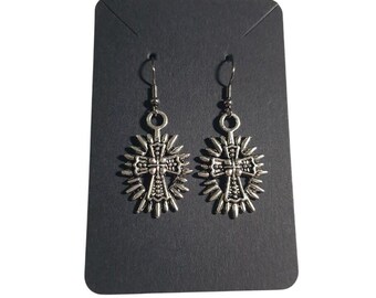 Silver Tone Cross Hook Earrings Western Boho Style Lightweight Handmade Gift New