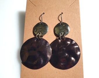 Hammered Metal Round Dangle Earrings 2.5 Inch Bronze Silver Hookback Modern Minimalist