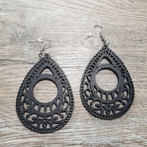 Black Filigree Teardrop Wooden Dangle Earrings Women Costume Fashion Hook Backs