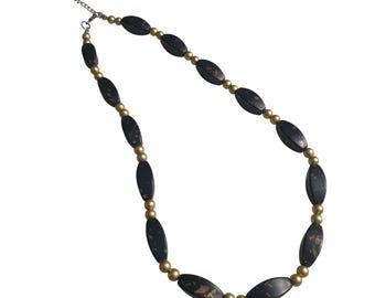 Gold Fleck Painted Black Beaded Necklace Adjustable Acrylic Beads Jewelry Gift