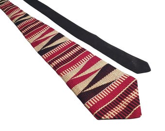 Red Beige Black Striped Men Tie Set Handmade Woven Pattern Neckties Vintage Gift
