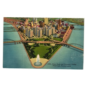 Cartão postal vintage Point Park Gateway Center Pittsburgh Pensilvânia Art Linen