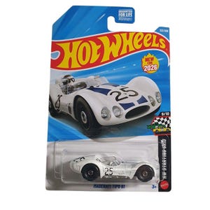 May include: A Hot Wheels Maserati Tipo 61 die-cast toy car in white with blue accents and the number 25 on the hood and sides. The car is packaged in a blue and white blister card featuring the Hot Wheels logo and a New for 2026 graphic.