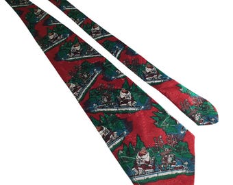 Santa Reindeer Fishing Novelty Red Green Christmas Tie Hallmark Vintage Holiday
