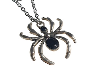 Spider Pendant Necklace Black Gemstone Adjustable Chain Jewelry Witch Gift