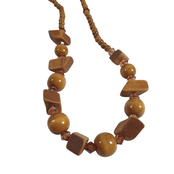 Wooden Bead Necklace Womens Vintage Jewelry 28" L… - image 2