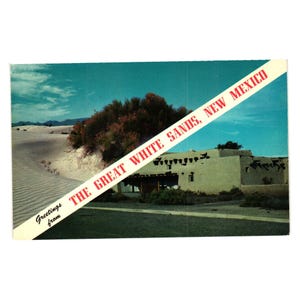 Carte postale vintage Great White Sands au Nouveau-Mexique Scène de désert Pueblo Architecture