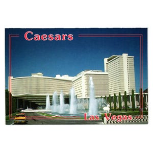 Casino de l'hôtel Caesars, carte postale vintage de l'extérieur du bâtiment, fontaines 1989, jeux de hasard
