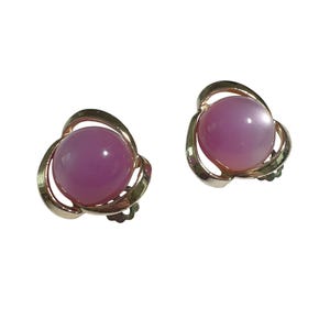 Vintage Gold Tone Clip On Earrings Purple Acrylic Cabochons Fashion Granny Core