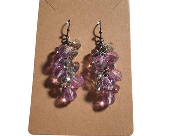 Crystal Drop Dangle Earrings Faceted Beads Purple Clear Lightweight Handmade