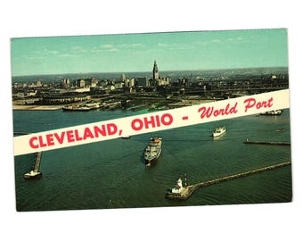 Cleveland Ohio World Port Skyline Postcard Aerial View Terminal Tower 1967