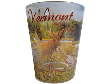Vermont Moose Souvenir Shot Glass Collectible Maple Leaf Colorful Scenic Artwork
