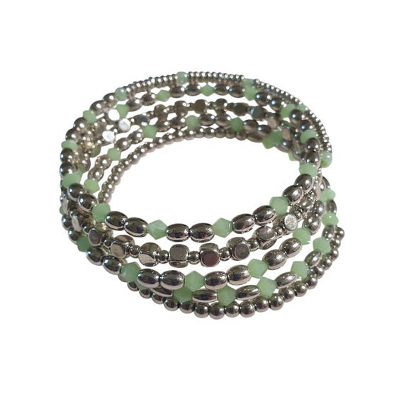 Green Silver Beaded Multi Layer Memory Wire Wrap … - image 1