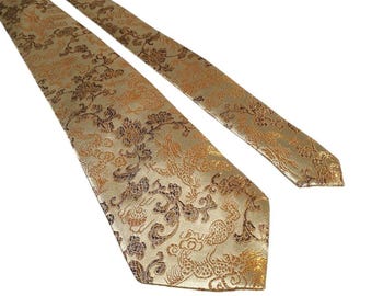 Gold Floral Brocade Silk Tie Embroidery Dragon Oriental Formal Wear Vintage Gift