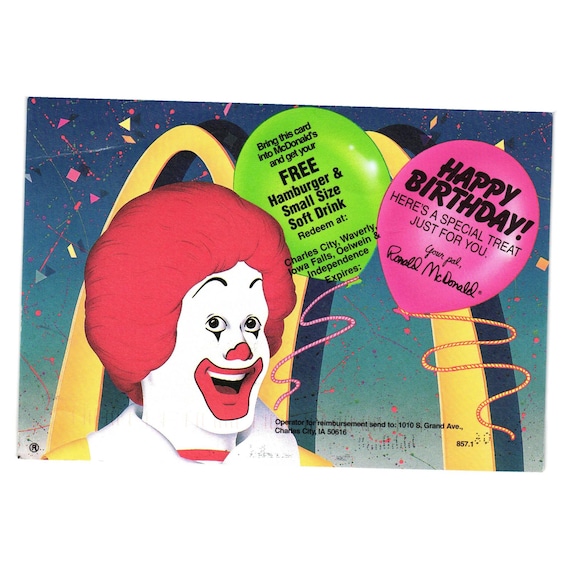 Happy Birthday Card 1992 Mcdonalds Free Hamburger Small Drink