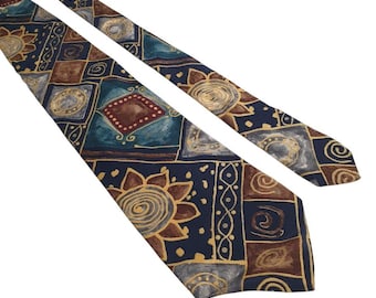 Studio 54 Mens Tie Geometric Sun Moon Print Silk Blue Gold Brown Made USA 56" x 3.75"