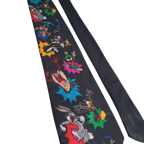 Cravate Vintage Looney Tunes Années 90 - Motif Taz, Daffy, Tweety, Marvin Sur Mars - Excellent état - Longueur 55 Pouces