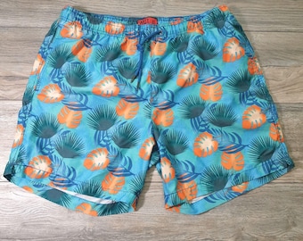 Męskie duże kąpielówki imprezowe z rekinami, z nadrukiem tropikalnych liści, w kolorze niebieskim i pomarańczowym, na plażę