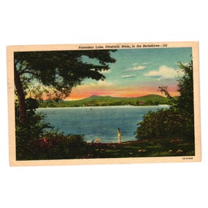 May include: Vintage postcard featuring a scenic view of Pontoosuc Lake in Pittsfield, Massachusetts. The image shows a serene lake surrounded by lush greenery and distant mountains under a colorful sky. The text "Pontoosuc Lake, Pittsfield, Mass., in the Berkshires-161" is visible.
