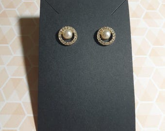 Gold Tone Stud Earrings Faux Pearl Center Crystal Elegant Fashion Jewelry Gift