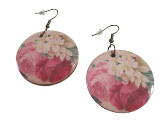 Floral Round Drop Earring Lightweight Pink Red White Flowers Handmade By Donovan