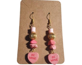 Pink Beaded Dangle Earrings Be Mine Drop Heart Charms Valentines Hook Jewelry