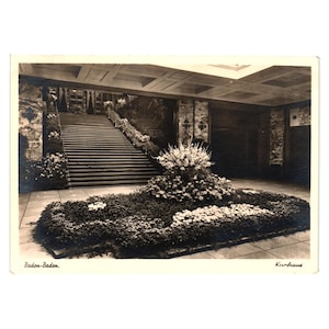 Vintage Black White Postcard Kurhaus Baden Germany Walter Kuhn Flower Garden