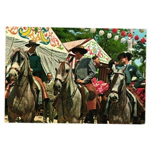 Carte postale vintage colorée Sevilla Feria De Abril Horse Riders Décoration festive
