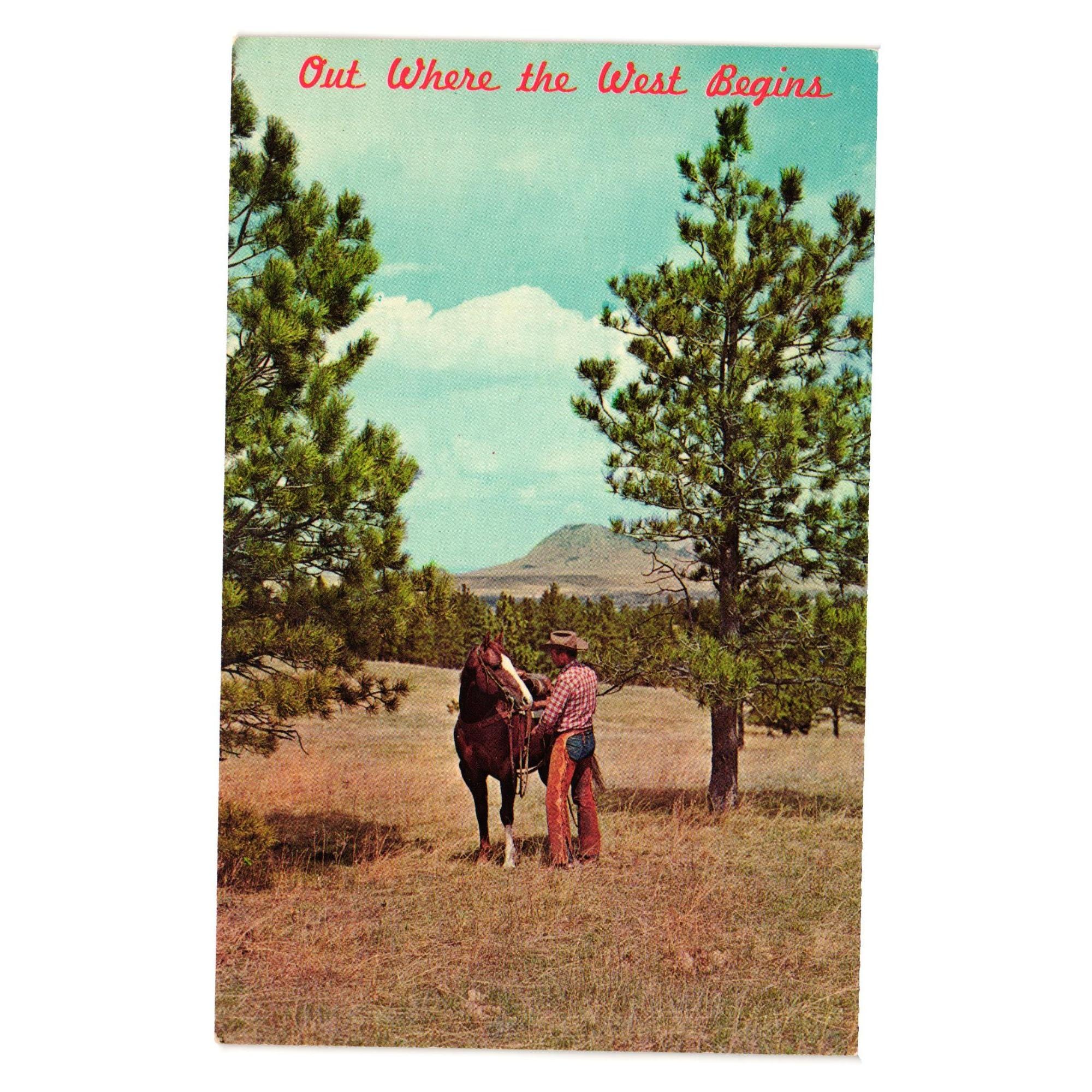 Out Where West Begins Vintage Postcard Man Horse Nature Don Grigg