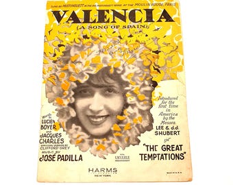 Partitura antigua de Valencia: Canción de España, 1925, voz, piano y ukelele