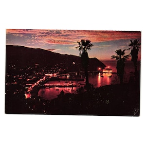 Carte postale vintage Avalon Bay at Dusk Catalina Island Californie paysage nuit