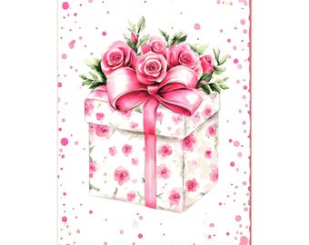 Pink Roses Gift Box Postcard Decorative Art Card Shabby Chic Valentine Love