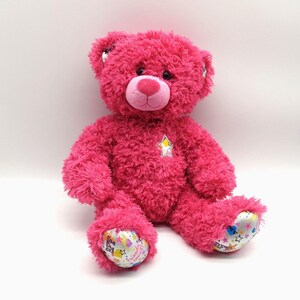 May include: A bright pink plush teddy bear with a light pink nose and paw pads. The bear has a star-shaped patch on its chest and colorful designs on its paw pads. The bear is sitting on a white surface.