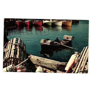 Cartão postal vintage South Shore Nova Scotia Peixes Armadilhas para lagostas Barcos para lagostas Caranguejo