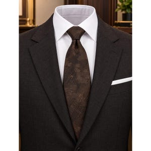May include: A dark brown necktie with a subtle tonal textured pattern worn with a crisp white dress shirt and a charcoal gray suit jacket. A white pocket square is visible in the breast pocket of the jacket, completing the formal ensemble.