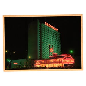 Postal vintage del espectáculo del casino de Las Vegas, luces nocturnas, vacaciones de juego
