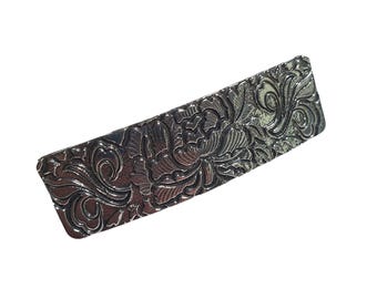 Hair Clip Silver Tone Floral Engraved Metal Bar Barrette Pony Tail Girl Gift