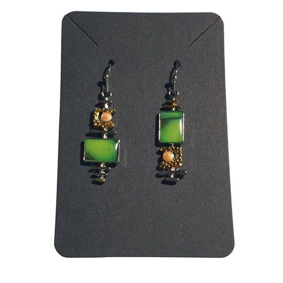 Handcrafted Green Dangle Earrings Rectangle Desig… - image 2