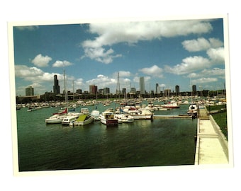 Vintage Chicago Skyline Harbor Postcard Windy City Marina Boats Roadside View