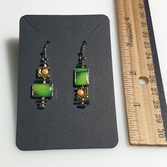 Handcrafted Green Dangle Earrings Rectangle Desig… - image 3